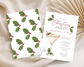 Sjabloon voor een uitnodiging voor een kerstfeest met martini-thema: een bewerkbare digitale uitnodiging voor een kerstdiner in rood en groen, geschikt voor Canva.