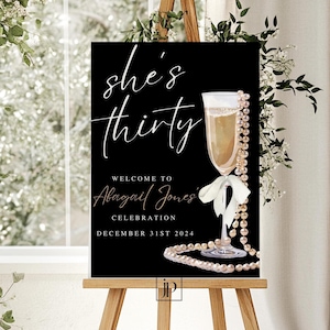 30th Birthday Welcome Sign for Her Champagne and Bow Party Entrance Decor Elegant Adult Milestone Birthday Sign Editable Template for Canva