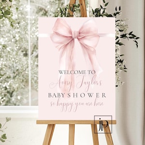 Pink Bow Baby Shower Welcome Sign Girl’s  Blush Coquette Shower Decor Editable Sign Entrance Board Templates for Canva Digital Download