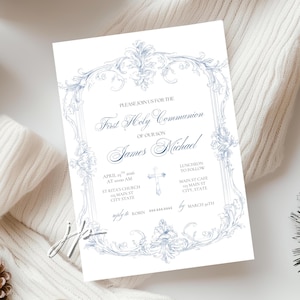 May include: A First Holy Communion invitation with a decorative blue floral border and text. The invitation includes the name "James Michael", date, time, church location, and contact details. The design is elegant and formal.