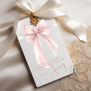 Modèle d'étiquette de remerciement avec noeud rose pour filles modifiables, étiquettes-cadeaux Coquette de premier anniversaire, cadeau de fête, étiquette rectangulaire, emballage de douche nuptiale, téléchargement