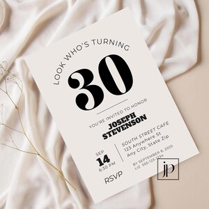 editable adult milestone birthday party invitation. Modern minimalist mens 30th birthday party
