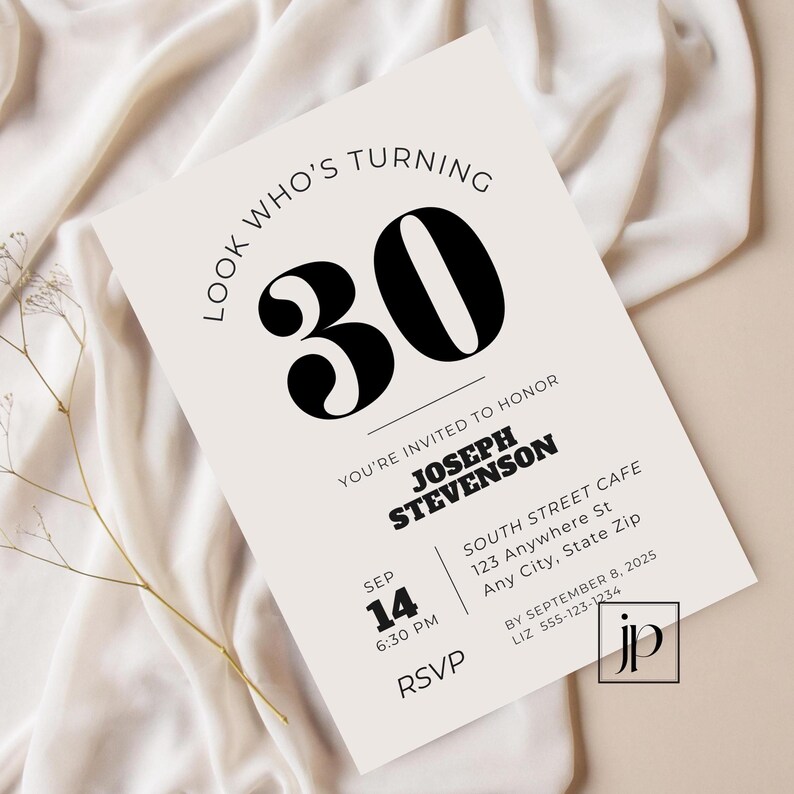 editable adult milestone birthday party invitation. Modern minimalist mens 30th birthday party