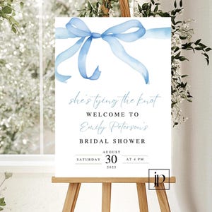 She is Tying the Knot Editable Bridal Shower Welcome Sign Something Blue Wedding Shower Decor Watercolor Ribbon Entrance Sign Template