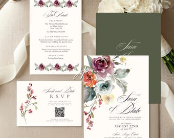 Moody Fall Floral Wedding Invitation Suite Deep Purple & Green Watercolor Invite Set Template Digital QR Code RSVP and Detail Card Download