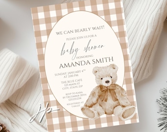 Teddy Bear Baby Shower Invitation Brown and Beige We Can Bearly Wait Invite Template Neutral Gingham Check Brunch Canva Digital Download