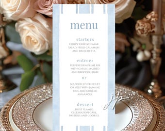 Blue Stripe Menu Card Editable Boys Baptism Luncheon Template Baby Christening Party Dinner Menu Bridal Shower Table Decor Digital Download