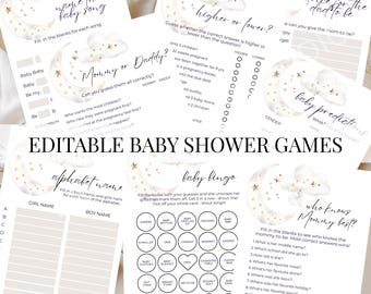 Moon and Stars Baby Shower Games Bundle Piece of Heaven Printable Game Cards Over The Moon Gender Neutral Game Set Template Digital Download