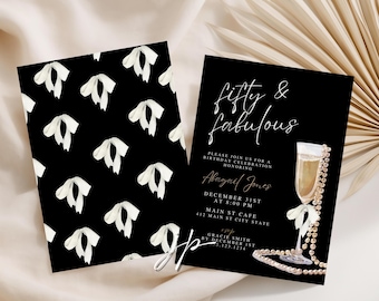 Fifty & Fabulous Birthday Invitation Template Elegant Prosecco and Pearls 50th Party Invite Editable Black and Gold Canva Digital Download