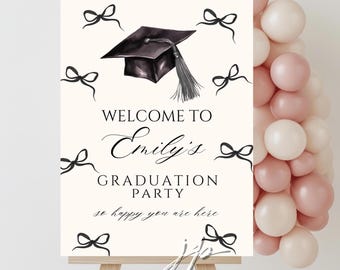 Placa de boas-vindas para festa de formatura com laço preto - Modelo editável para meninas - Decoração elegante para formatura universitária.