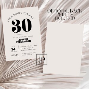 Men’s Modern 30th Birthday Invitation Editable Minimalist 50th Party Invite Template 40th Adult Birthday Digital Download for Canva image 3