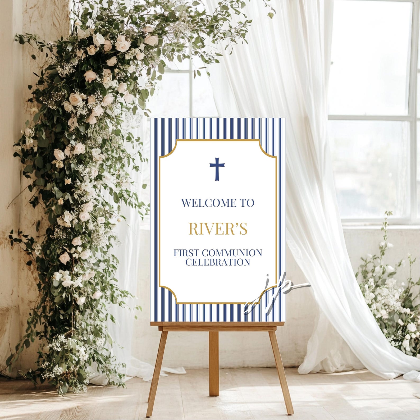 First Communion Welcome Sign Boy's First Communion Welcome Sign Editable Navy Blue Stripe Holy ...