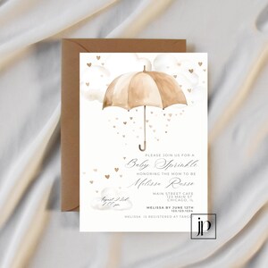 May include: A white baby shower invitation with a watercolor illustration of a brown umbrella with raindrops in the shape of hearts. The text reads "Please join us for a Baby Sprinkle honoring the mom to be Melissa Russe. August 23rd 2:00 pm. Main Street Cafe 123 Main St Chicago, IL. Melissa by June 12th 123.123.1234. Melissa is registered at Target."
