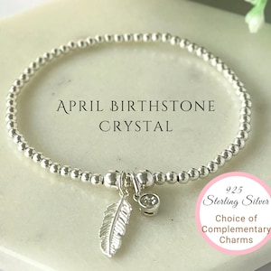 Pulsera de plata de ley con la piedra natal de abril, con variedad de dijes, regalo para el 15.º aniversario.