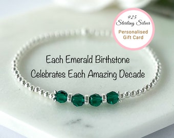 30th, 40th, 50th, 60th, 70th, 80th Birthday Bracelet for Women, May Birthstone Bracelet, Green Emerald Jewellery with Free Gift Card