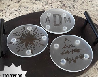 Personalized Glass Coasters, Custom Monogram Christmas Drink Coasters Hostess Gift
