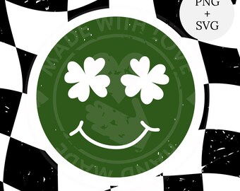 May include: A green circle with a smiley face design. The eyes are replaced with white shamrocks, and the text "MADE WITH LOVE" is printed around the edge. The background is a black and white checkered pattern. Includes PNG and SVG files.