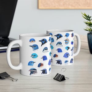 Birds in Blue pattern Ceramic Mug 11oz, Bird Patterned Birder gift, Bird lovers drinkware, barware for her, blue home decor