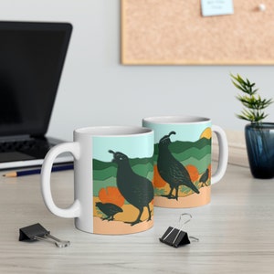 Gambels Quail Ceramic Mug 11 oz, Quail and Chicks, California Poppy and Quail, Quail Decor, Quail Art, Birder Gift Mug