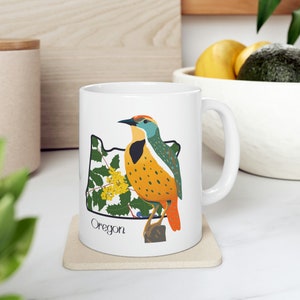 Oregon State Bird and Flower, Western Meadowlark and Oregon Grape, Berberis aquifolium, Ceramic Mug 11oz