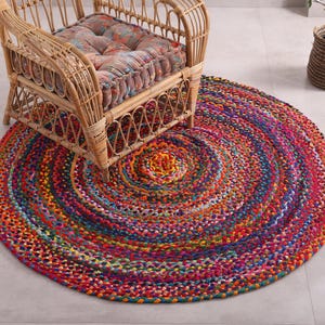 Bohemian Decor Colorful Braided Rug Indian Handmade Braided Cotton Chindi Rug Area Round Rug Home Décor Rag Rug