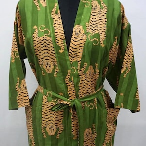 Striped Tiger Print Cotton Kimono Dress , Boho Beach Kimono, Party Wear, Summer Dress, Sleep Wear, Gift For Her, Women Dress, Maxi Kimono