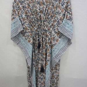 Indian Hand Block Print Floral Kaftan Dress, Women Long Caftan Dress, Beach Cover Up, Flower Block Print Sleepwear Maxi Dress, Loungewea