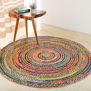 Indian Handmade Braided Jute Chindi Rug Bohemian Decor Colorful Braided Rug Area Round Rug Home Décor Rag Rug