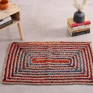 Colorful Coffee Table Rug Indian Hand Braided Jute Rug Area Runner Rug Bohemian Jute Chindi Rug Large Area Rug Housewarming Gifts
