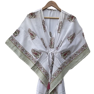 Hand Block Printed Floral Cotton Kaftan Dress Lightweight Summer Beach Cover-Up Long Caftan Indian Kaftan Gift For Her Loungewear