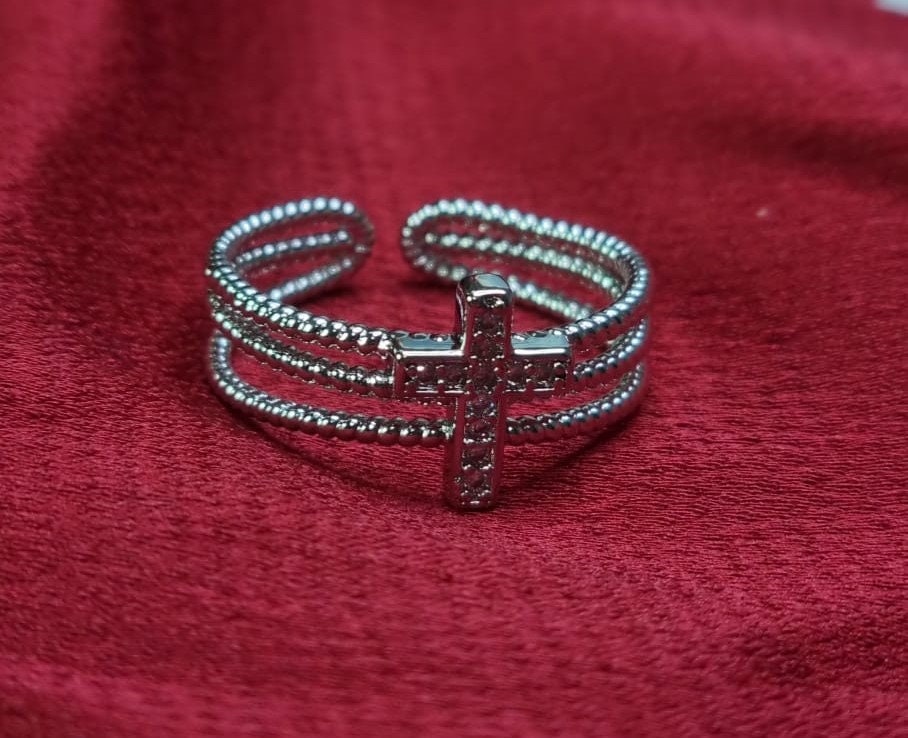 Silver Adjustable Cross Ring for Women Christian Cross Religious Ring