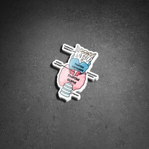 May include: A die-cut sticker featuring an anatomical illustration of the human thyroid gland and surrounding structures. The diagram includes labels for the hyoid bone, thyroid cartilage, thyroid gland, trachea, cricoid cartilage, and cricothyroid muscle.