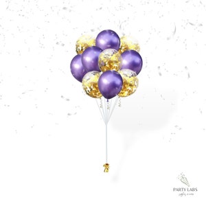 12&quot; Purple Chrome Balloons and Gold Confetti Balloons | Latex Metallic Party Balloons | Birthday Party Decoration | Balloon Decor