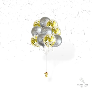 12&quot; Silver Chrome Birthday Balloons and Gold Confetti Balloons | Latex Metallic Party Balloons | Birthday Party Decoration | Balloon Decor