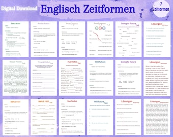 Englisch Zeitformen. Back to school druckbare Lernzettel mit Erklärungen, Aufgaben und Lösungen. 7 einfach/tiefgründig erklärte Zeitformen