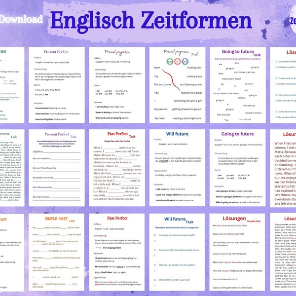 Englisch Zeitformen. Retour à l'école Druckbare Lernzettel mit Erklärungen, Aufgaben und Lösungen. 7 einfach/tiefgründig erklärte Zeitformen