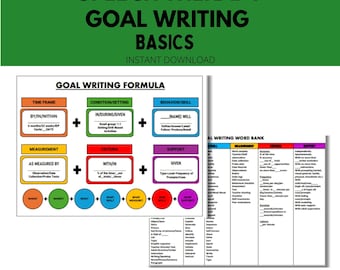 May include: A printable PDF document titled "Speech Therapy Goal Writing Basics." The document includes a goal-writing formula with sections for time frame, condition, behavior, measurement, criteria, and support. It also features a word bank for goal writing.