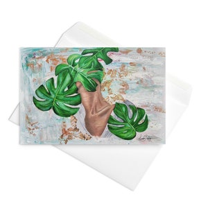 Monstera Dreamscape - Cartão de felicitações de afirmação com corpo de mulher adornado com folhas de Monstera