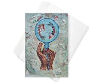Abundance - Affirmation Greeting Card featuring koi fish with water pouring onto open hands