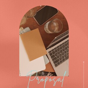 May include: A proposal for virtual assistant services with the word "Proposal" written in blue cursive on a peach background. The image shows a laptop, a phone, a notebook, and a glass of water on a wooden table.