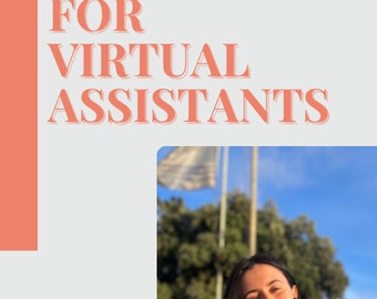 Op de afbeelding: Een vrouw met lang donker haar glimlacht terwijl ze een zonnebril vasthoudt voor een blauwe lucht en groene bomen. De tekst "45 Social Media Post Ideas FOR VIRTUAL ASSISTANTS" staat bovenaan de afbeelding. De tekst "@katiesvasolutions" staat onderaan de afbeelding.