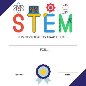Może przedstawiać: Kolorowy certyfikat STEM z niebieskim, czerwonym, żółtym i zielonym wzorem. Certyfikat jest przyznawany komuś za jego osiągnięcia w nauce, technologii, inżynierii i matematyce. Certyfikat ma nagrodę w kształcie gwiazdy i miejsca na nazwisko nauczyciela i datę.