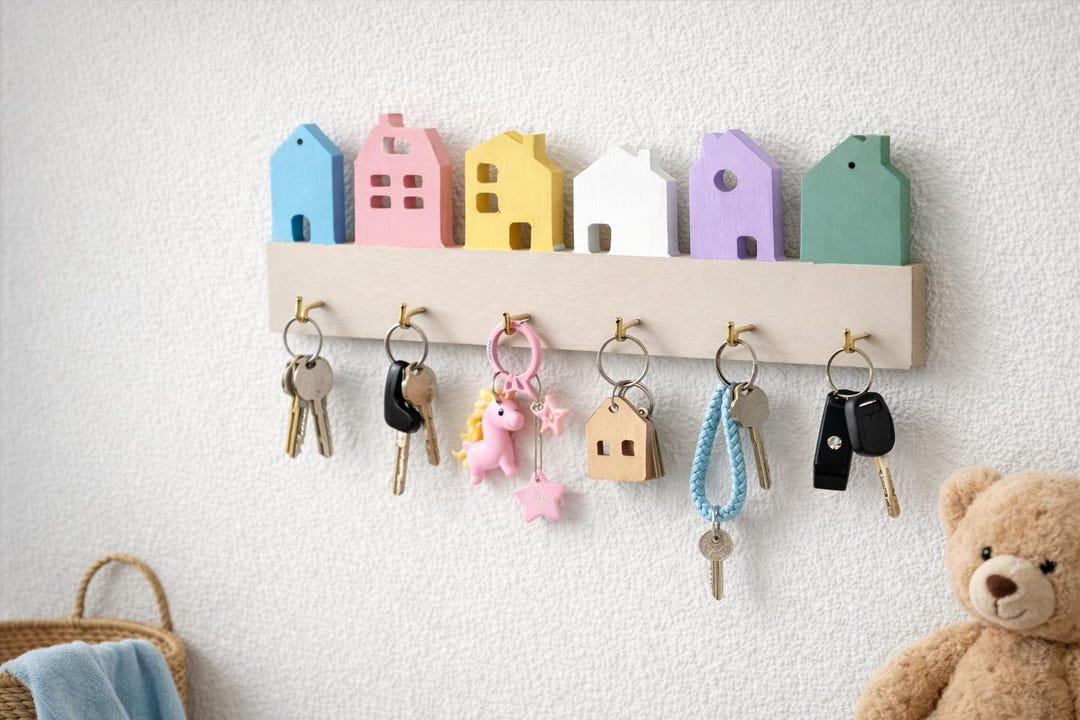 House Shaped Key Holder Wooden Wall Rack Entryway Organizer Pastel ...