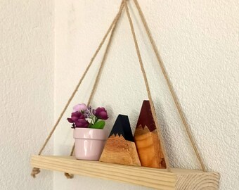 Balcony Hanging Wooden Shelf with Rope, Decorative Wall Accent