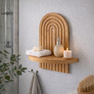 May include: Wooden arched wall shelf with a built-in shelf. The shelf holds a white towel, soap, a ribbed soap dispenser, and a lit candle. The shelf is mounted on a textured gray wall, with a shower and towel visible in the background.