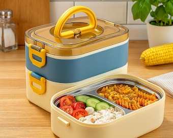 Stainless Steel Lunch Box, 2 Tier Bento Box, Leakproof Food Container with Handle