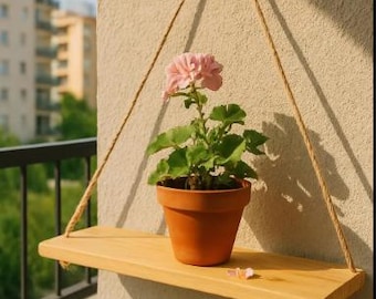 Minimal Hanging Plant Shelf with Rope, Pine Wood Wall Shelf