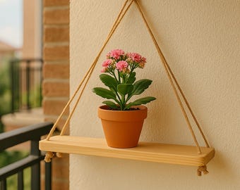 May include: A wooden shelf with a hanging rope design, featuring a potted pink flower plant. The shelf is mounted on a white wall.