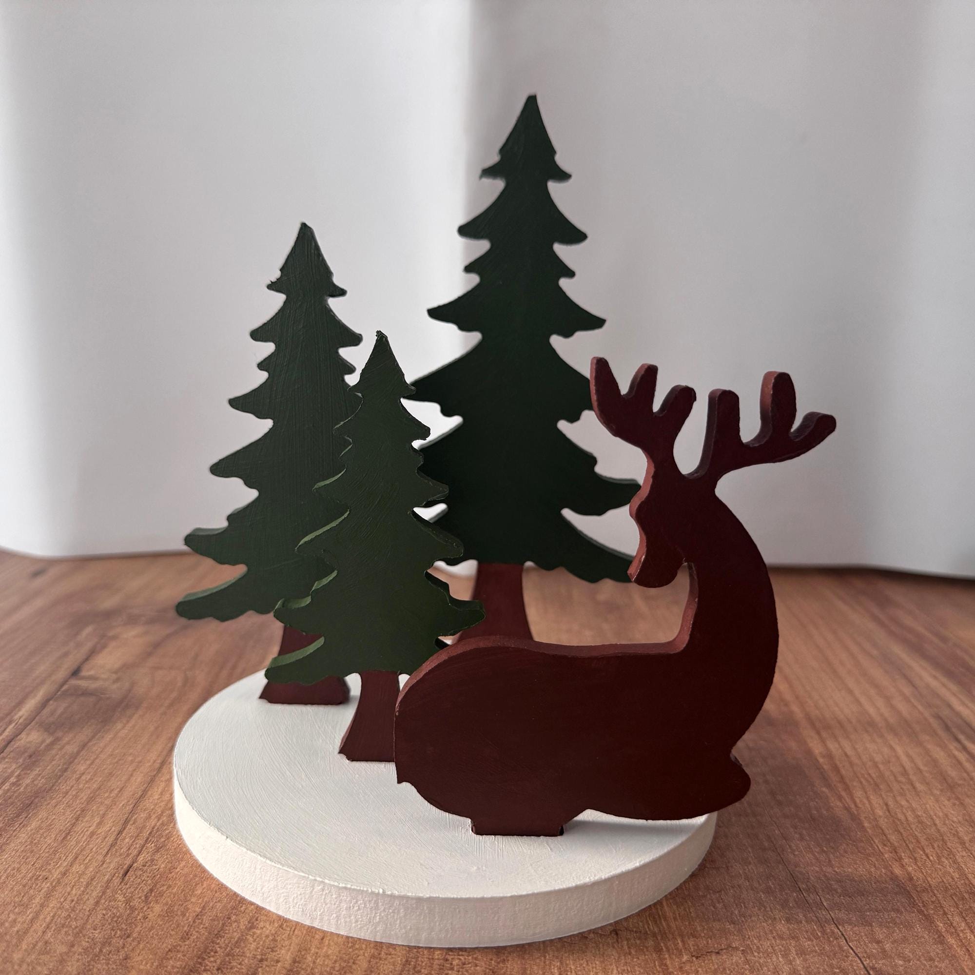 Décoration Murale Cerf Et Arbres En Métal - Support En Bambou 30x16 Cm - Blanc Ou Noir - Thème Hiver Et Noël