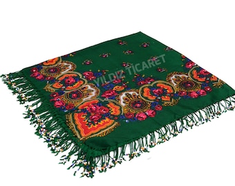 KURDİSH SCARF Beaded Green - Mardin Local Scarf, Kurdish Floral Scarf, Ethnic Beaded Scarf